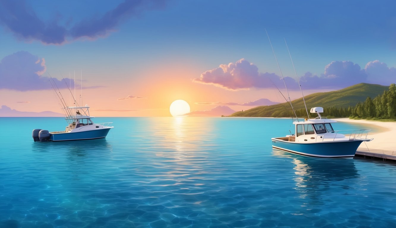 A serene coastline with clear blue waters, a fishing charter boat anchored in the distance, and a picturesque sunset over the horizon