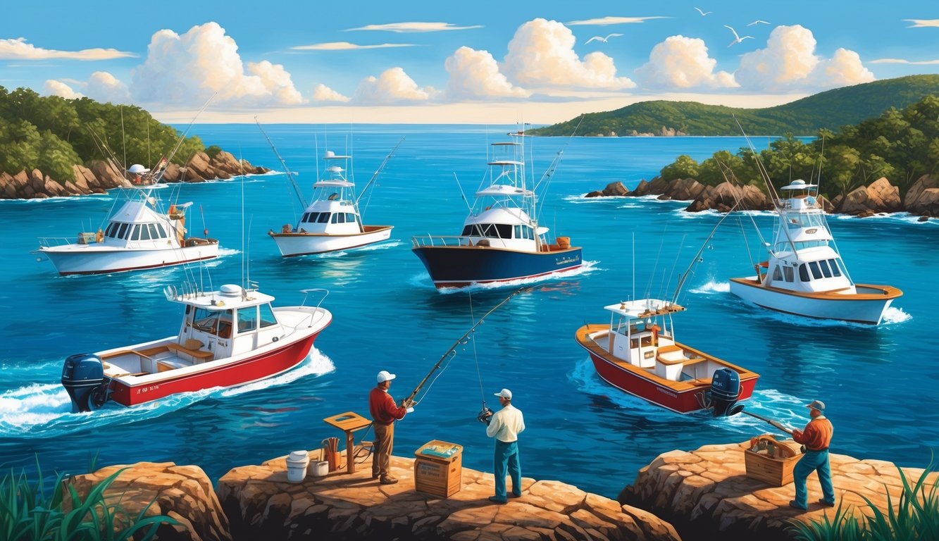 A picturesque coastal scene with five different fishing charters setting sail, each showcasing unique techniques and equipment