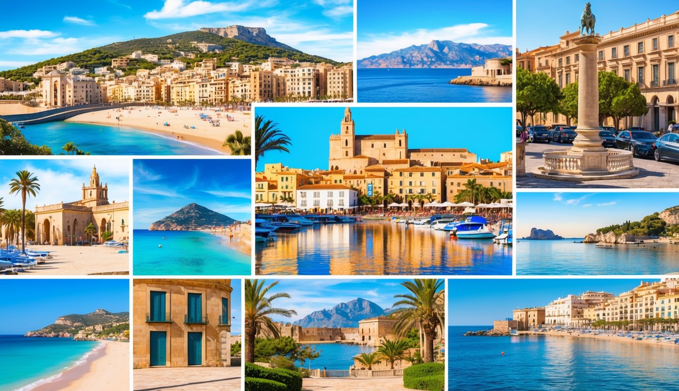 A vibrant collage of iconic landmarks and natural beauty in Mallorca, Spain, including beaches, mountains, and historic architecture