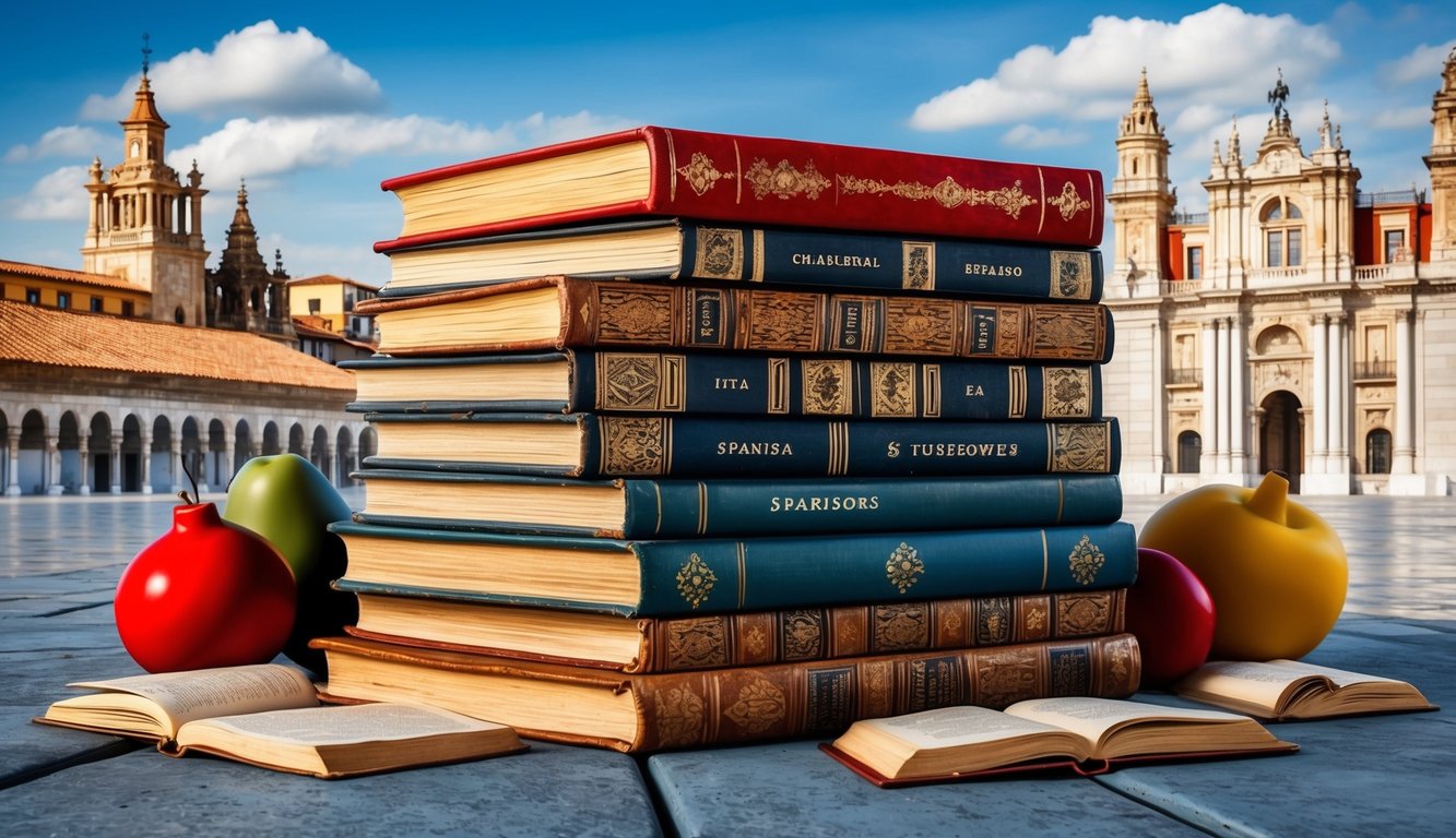A stack of old books with Spanish titles, surrounded by traditional Spanish architecture and landmarks