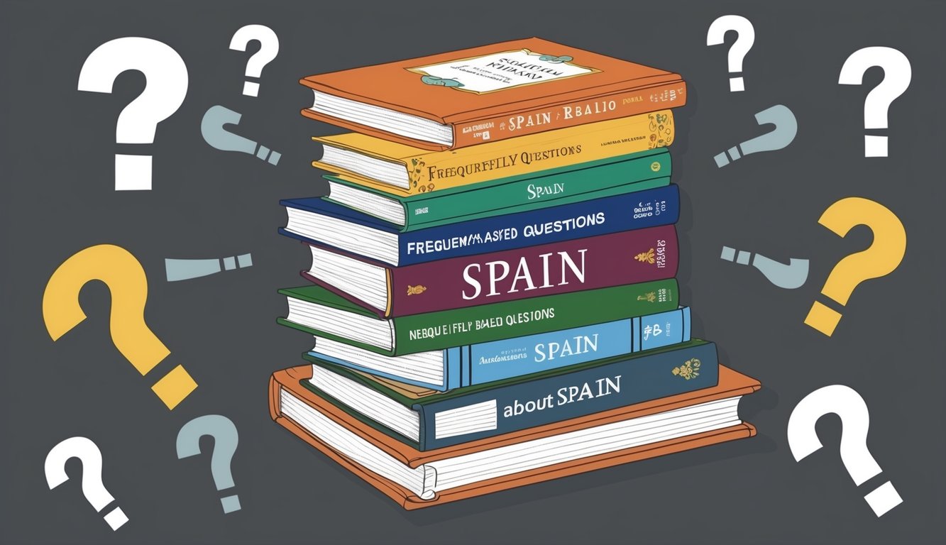 A stack of 8 books about Spain, with titles visible, surrounded by question marks and a "Frequently Asked Questions" header