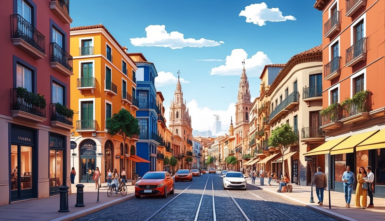 A bustling cityscape with colorful buildings and lively streets showcasing the historical and modern development of Valencia's trendy neighborhoods
