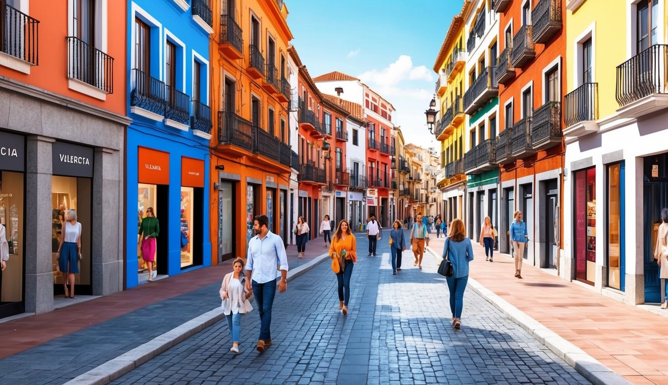 A bustling street lined with colorful buildings and trendy shops in Valencia, Spain. People are seen walking and exploring the vibrant neighborhood