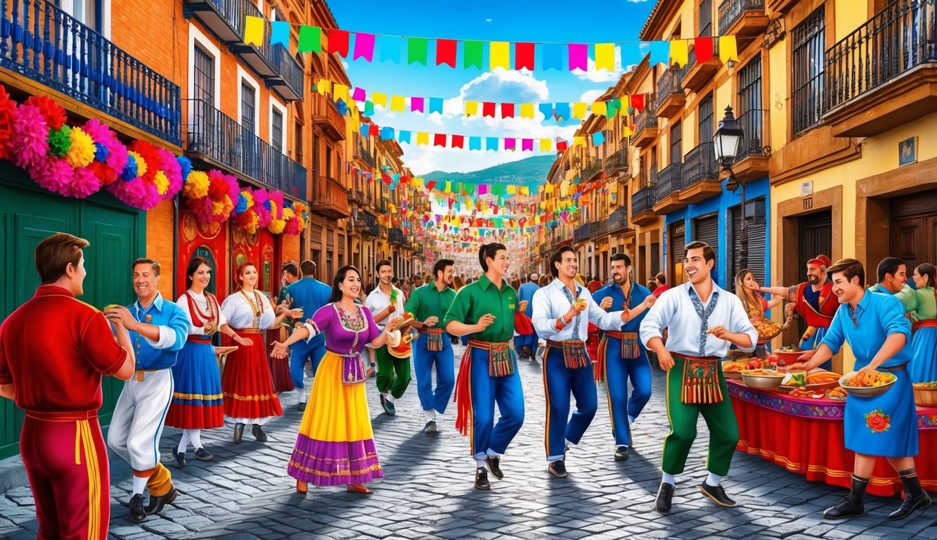 A vibrant street festival in Spain, with colorful decorations, lively music, and young adults enjoying traditional food and dance