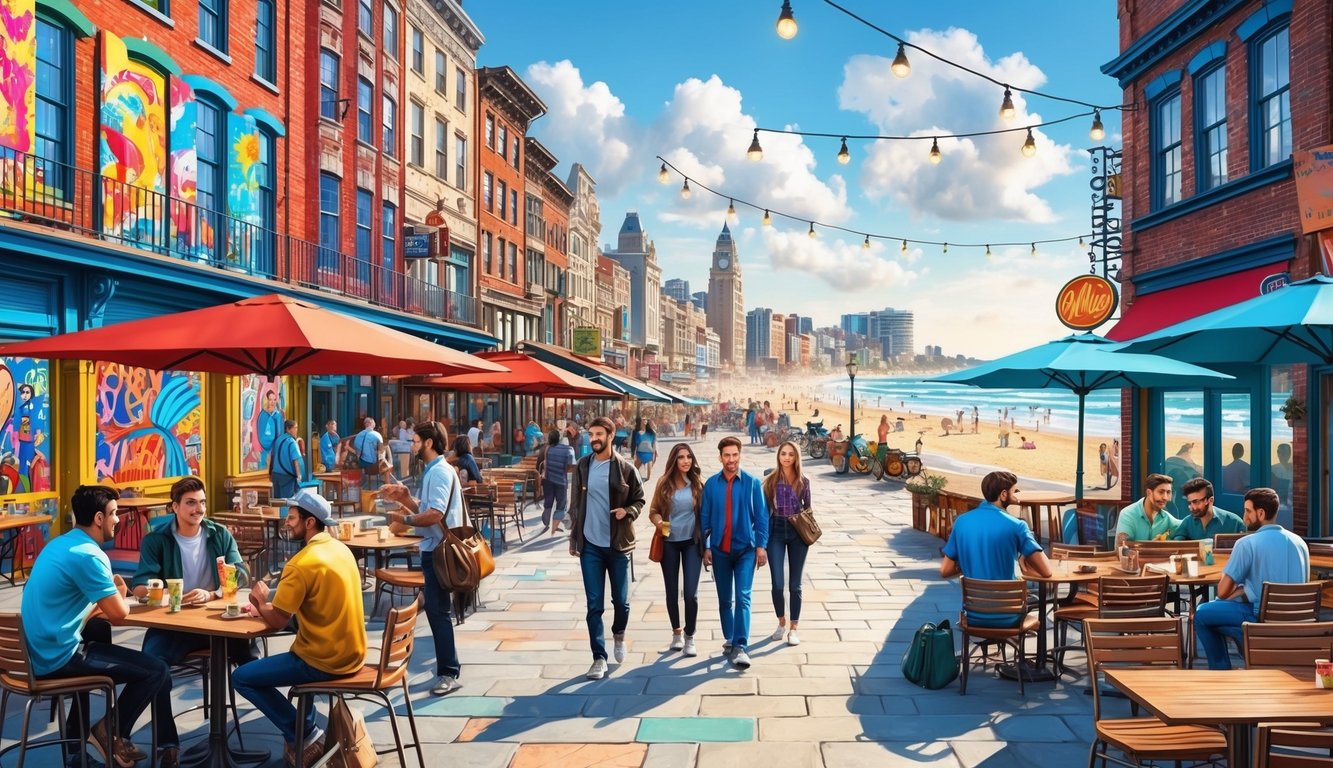 A bustling city square with vibrant street art, outdoor cafes, and young adults exploring. Nearby, a beach with sunbathers and a lively boardwalk