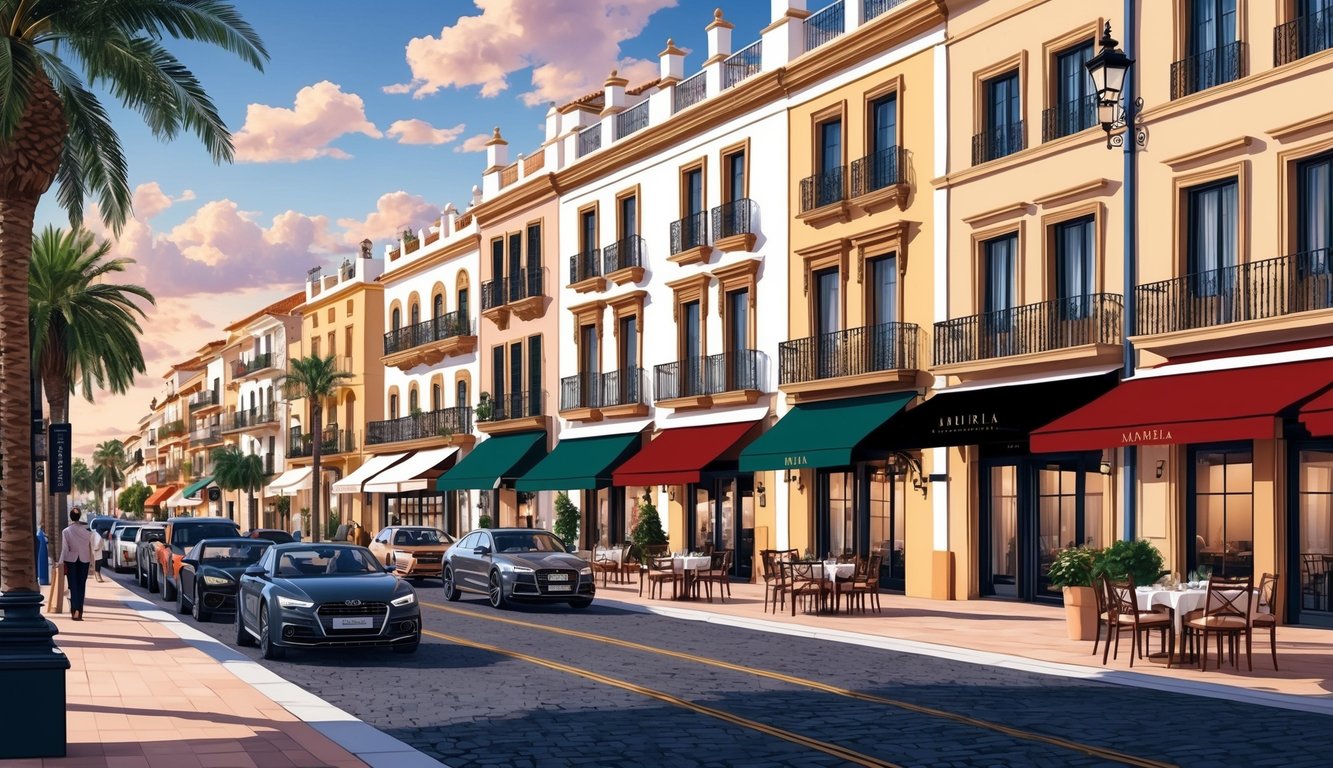 A bustling street in Marbella, Spain, lined with six elegant gourmet restaurants, each with their own unique ambiance and style
