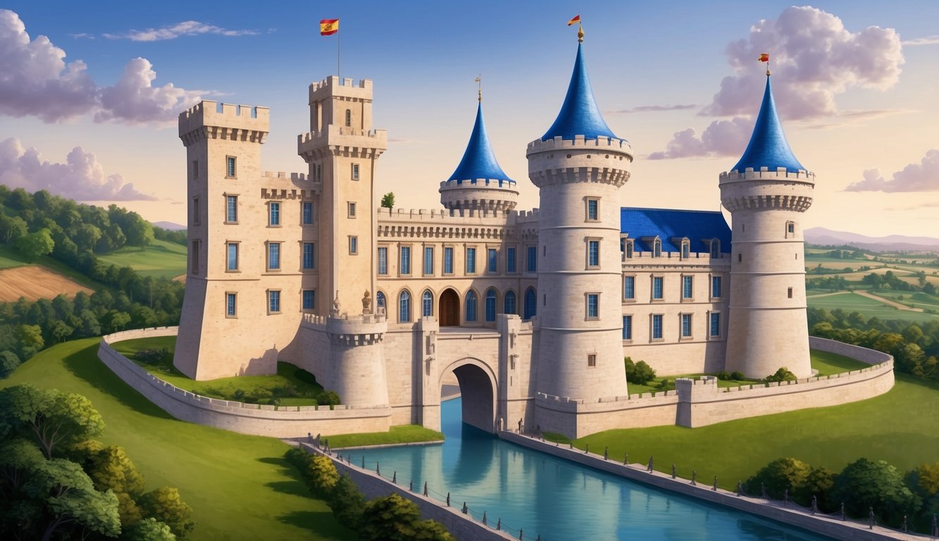 A grand Spanish castle with towering turrets and intricate stonework overlooks a lush countryside, surrounded by a moat and drawbridge