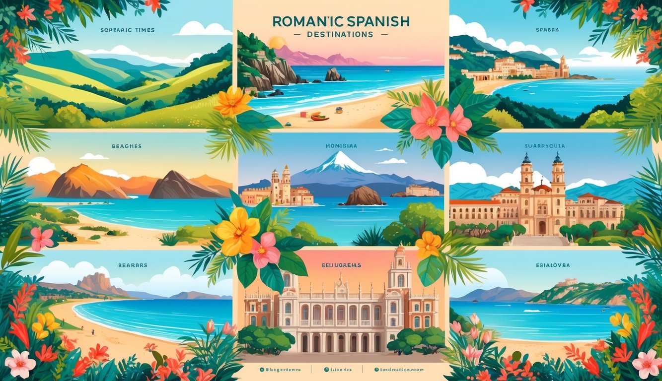 A serene Spanish landscape with 8 romantic destinations, such as beaches, mountains, and historic cities, surrounded by vibrant flora and fauna
