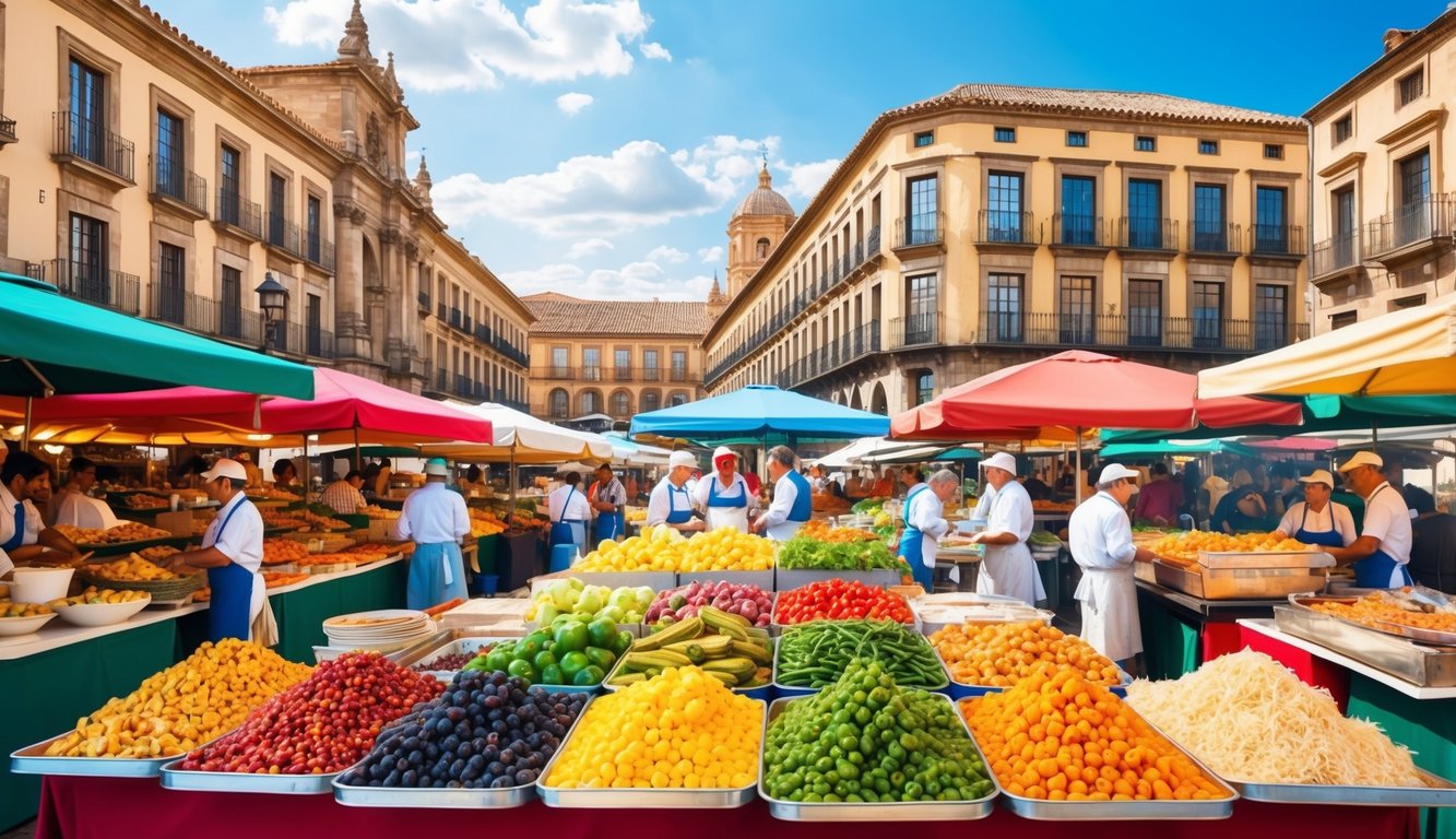 A bustling market with colorful stalls and aromatic food vendors, surrounded by historic architecture in a sunny Southern Spanish city