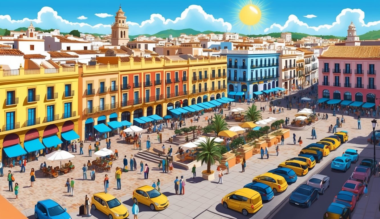 A bustling cityscape with colorful buildings, bustling streets, and lively plazas. The sun shines down on the vibrant scene, capturing the essence of Southern Spain