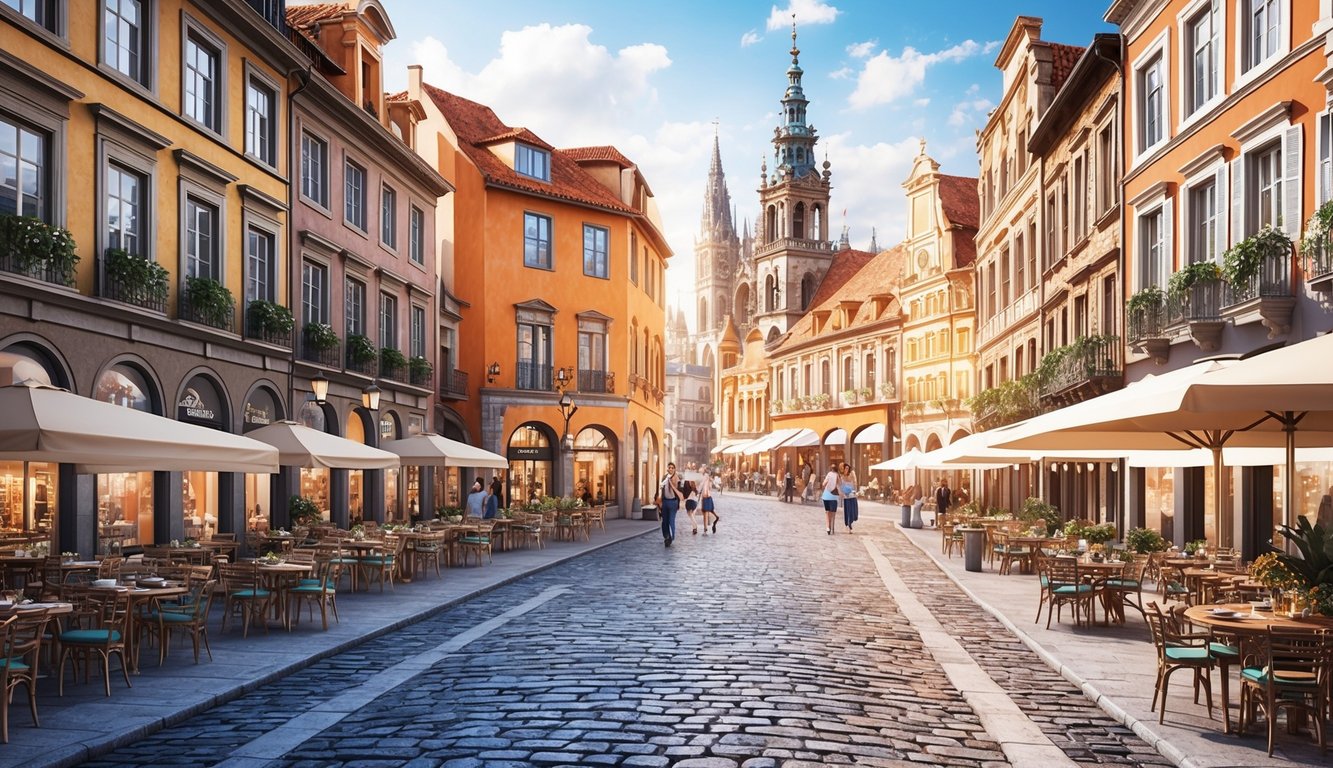 A bustling city center with historic architecture, narrow cobblestone streets, and vibrant plazas surrounded by cafes and shops