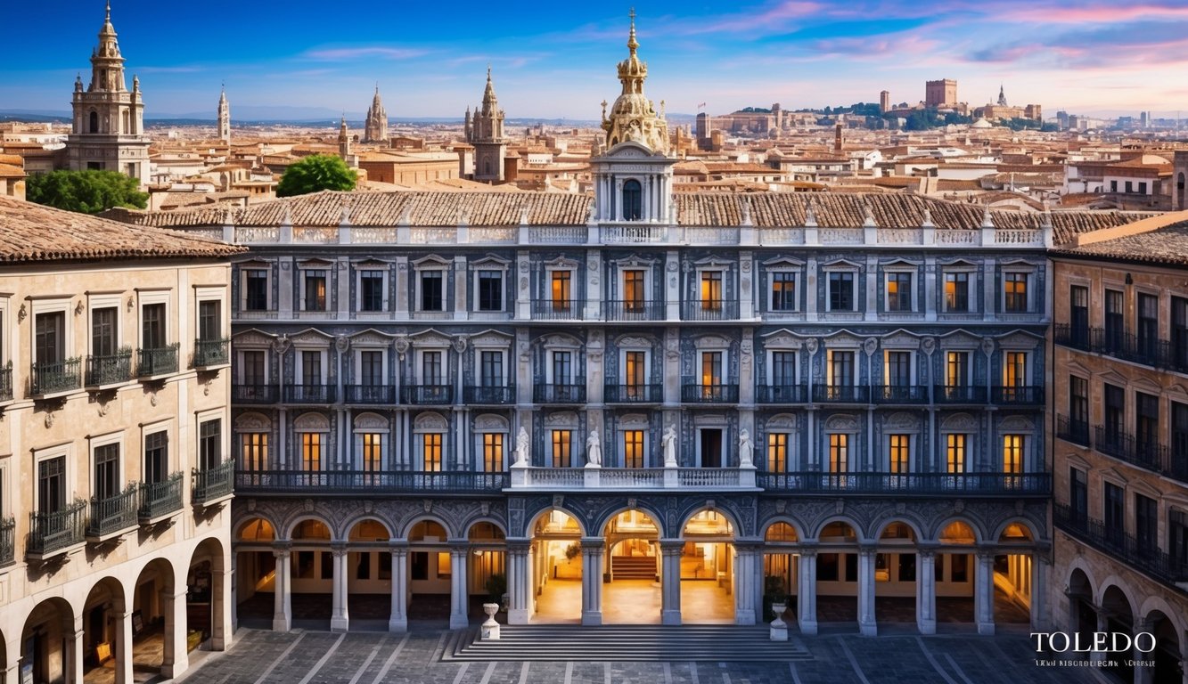 The historic hotels in Toledo, Spain feature intricate architectural details, ornate facades, and charming courtyards, all set against the backdrop of the city's ancient streets and stunning skyline