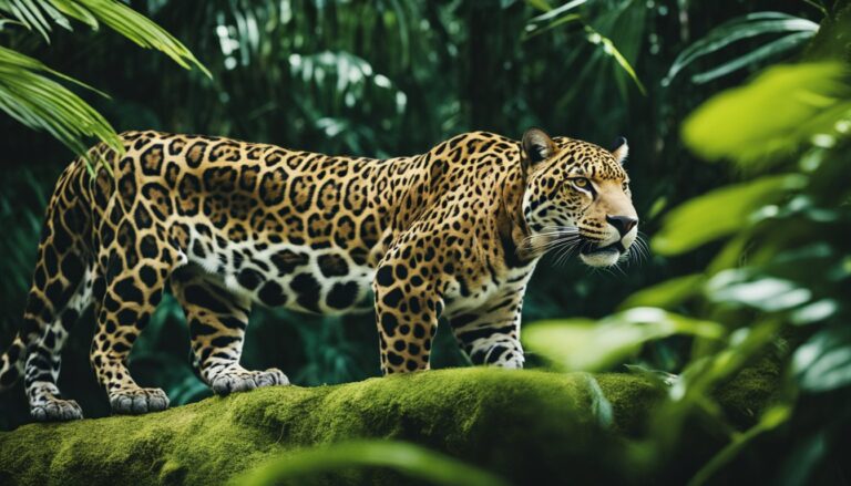 Jaguar with spotted coat standing on mossy ground in lush green jungle