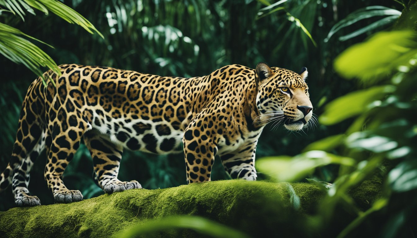 Jaguar with spotted coat standing on mossy ground in lush green jungle