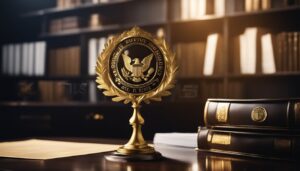 Golden emblem with eagle, books, and a document on a desk