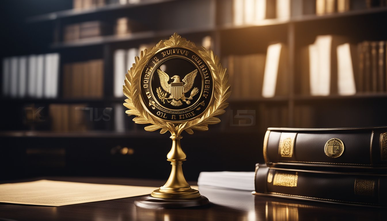 Golden emblem with eagle, books, and a document on a desk