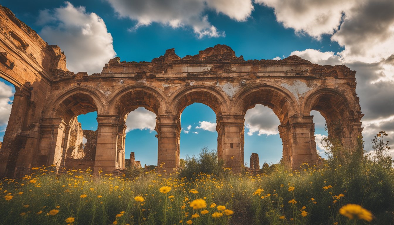 Ruined arched building with blue sky visible through the arches, yellow flowers in foreground