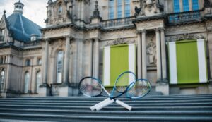 Three tennis rackets on steps in front of a grand building