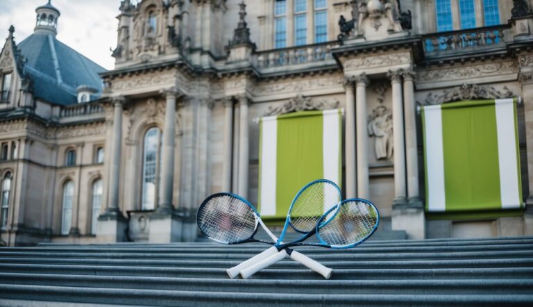 Three tennis rackets on steps in front of a grand building