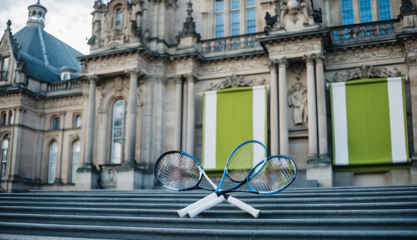 Three tennis rackets on steps in front of a grand building