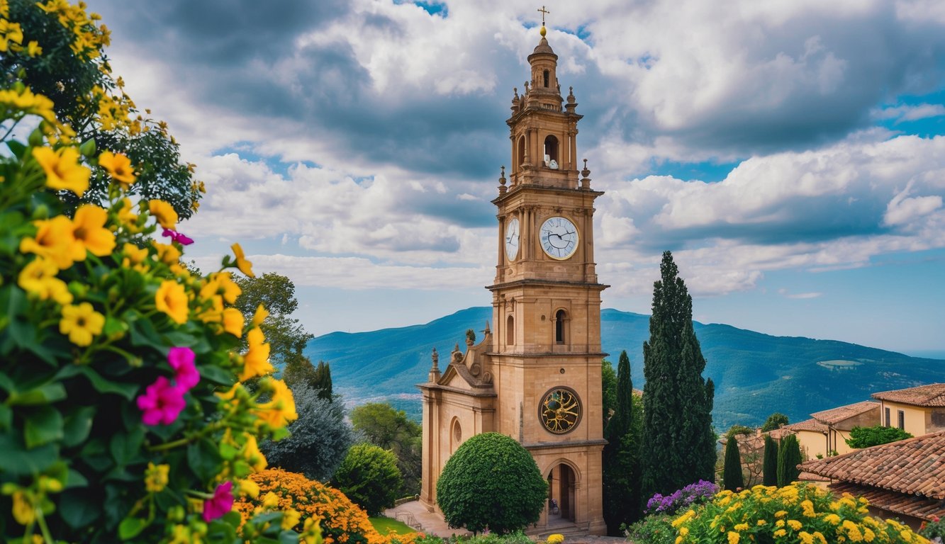 Clock tower with clock faces, surrounded by flowers, mountains in the background