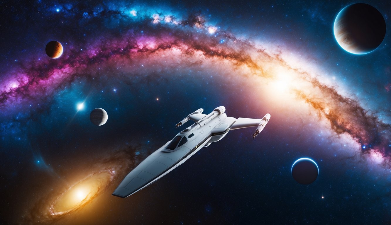 Spaceship flying through a colorful galaxy with planets and stars