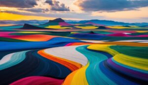 Colorful abstract landscape with rolling hills and mountains under a sunset sky