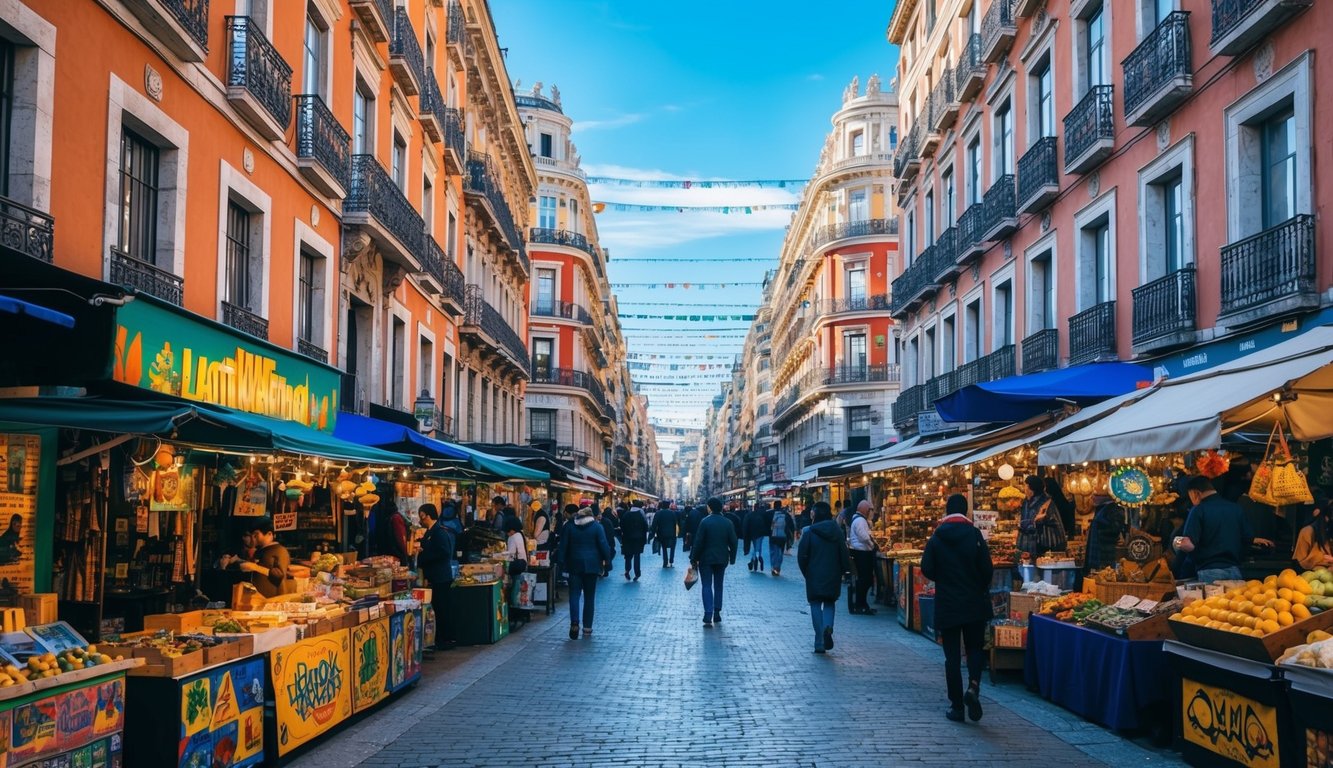 Busy street market with vendors, shoppers, and colorful buildings in Europe