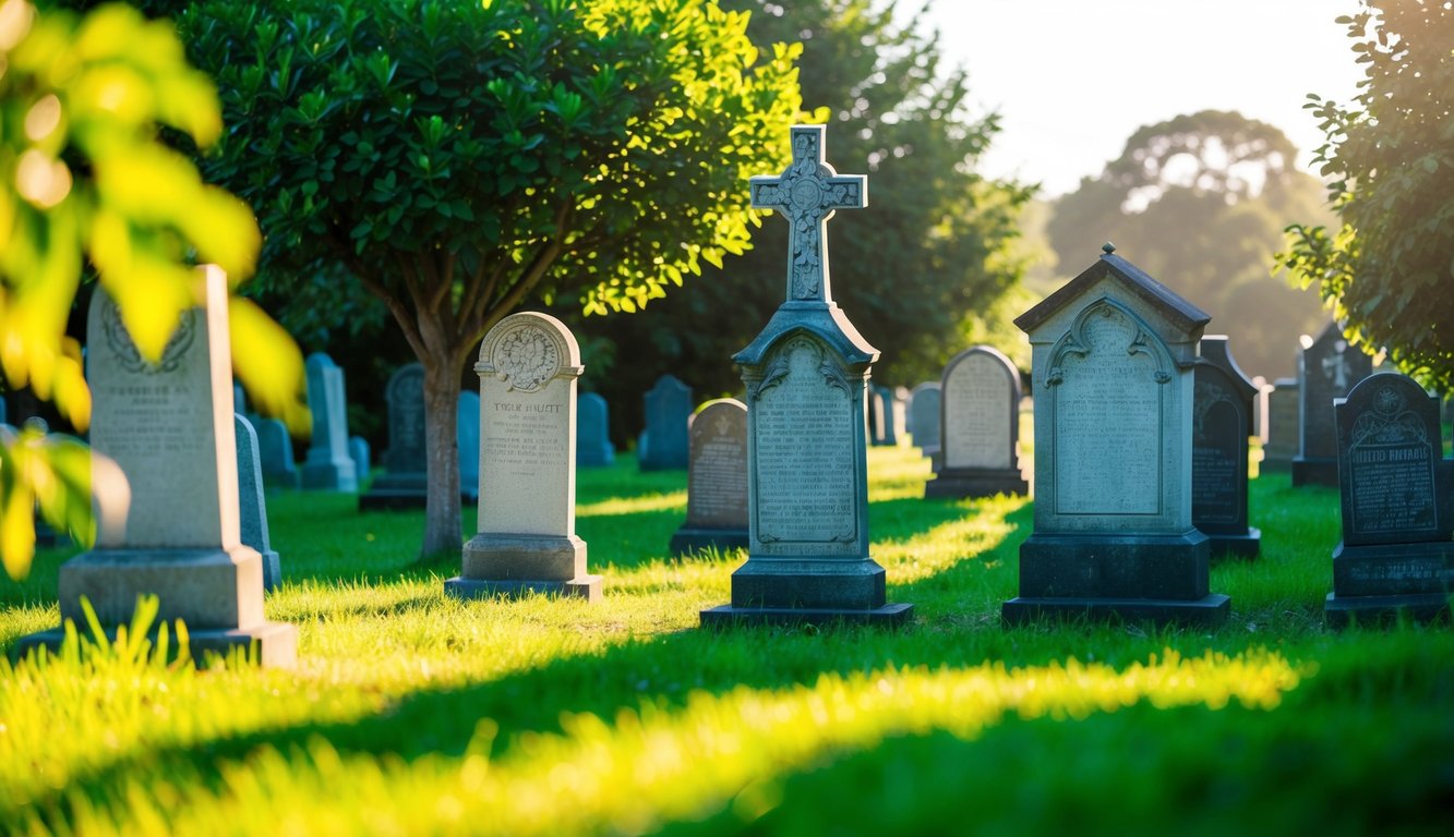 Cemetery scene with headstones, cross, and trees on a sunny, grassy day