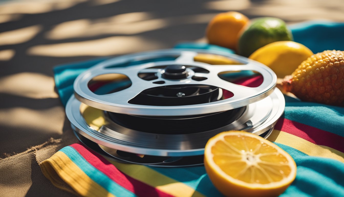 Film reel, citrus fruits, and a colorful towel on a sandy surface
