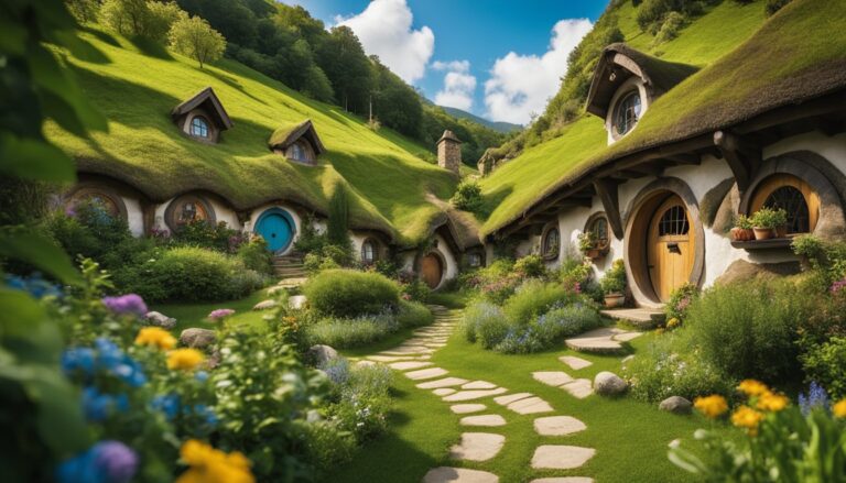 Hobbit houses with green roofs nestled in a grassy hillside, stone path