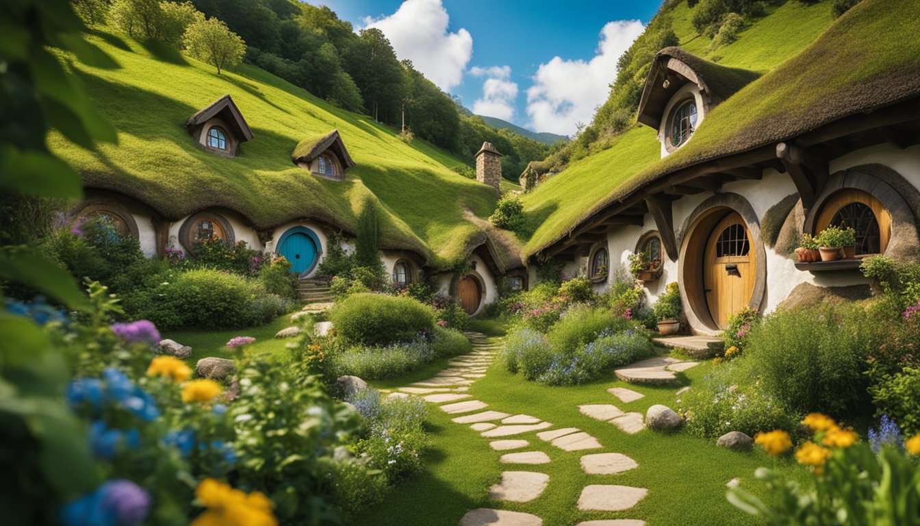 Hobbit houses with green roofs nestled in a grassy hillside, stone path