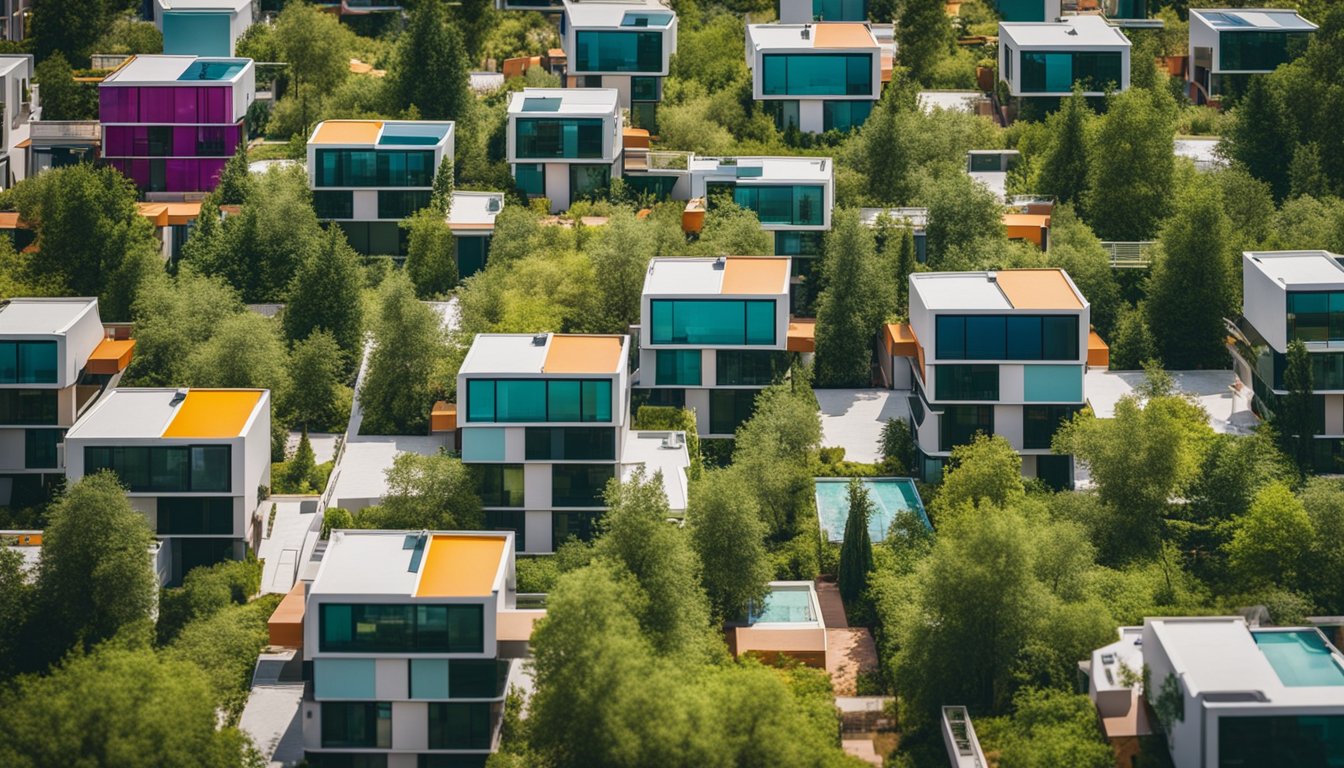 Modern homes with colorful roofs and glass windows surrounded by trees