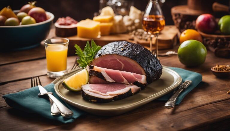 Sliced ham on a plate with fruit, cheese, and a glass of juice