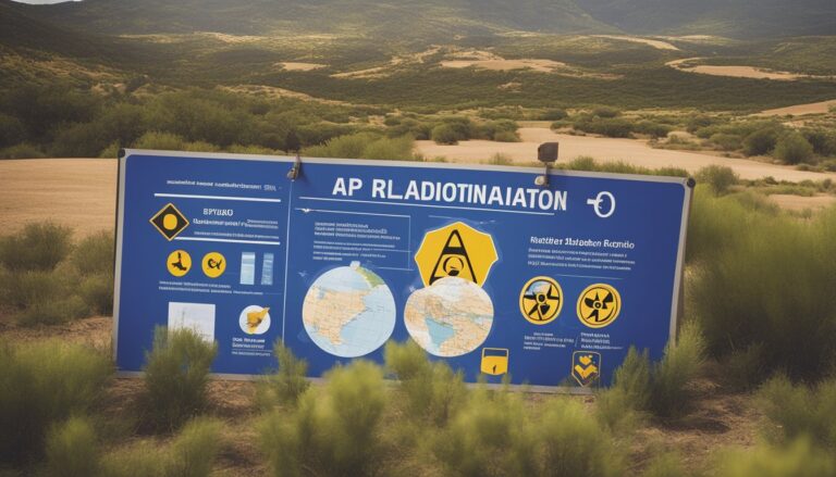 Blue sign with radiation symbols in a field, with a landscape background