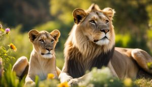 Two lions, a male with a mane and a female, resting in a field