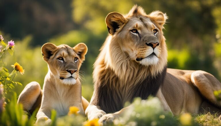 Two lions, a male with a mane and a female, resting in a field