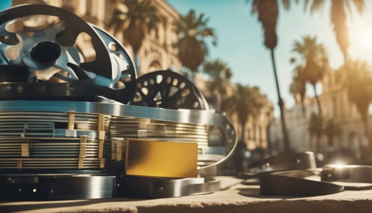 Metal film reels with a golden card, palm trees in the background