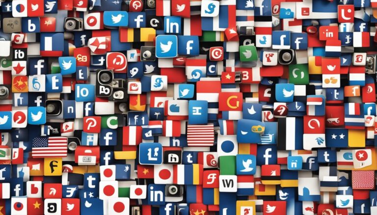 A mosaic of social media logos and flags, representing global connectivity