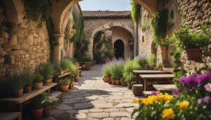 Stone courtyard with archways, potted plants, and cobblestone path