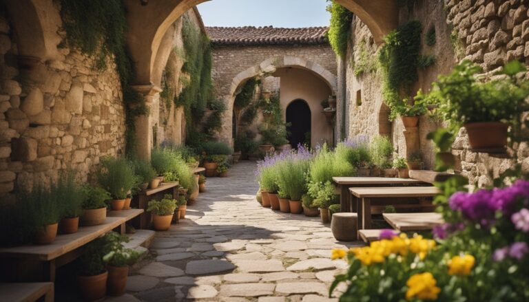 Stone courtyard with archways, potted plants, and cobblestone path